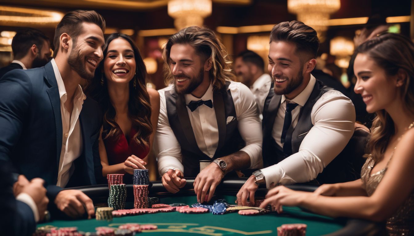En grupp vänner firar vid ett livligt casinobord.