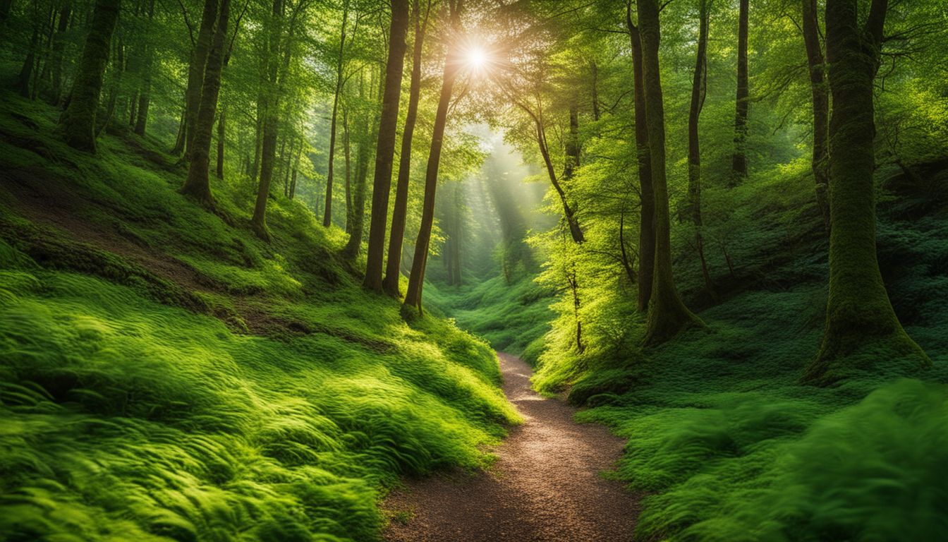 Ett vackert grönt skogslandskap med en slingrande stig som leder till en ljus öppning.