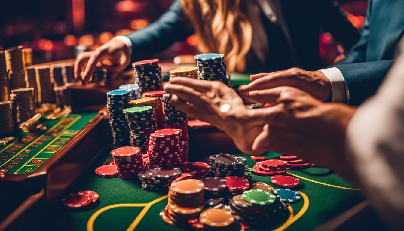En person håller en hög färgglada spelmarker i ett casinomiljö.
