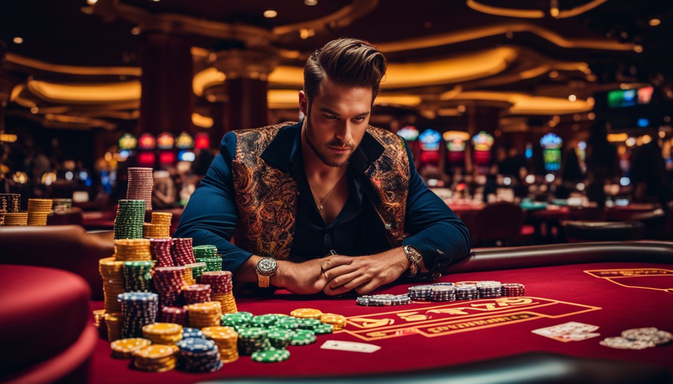 En person spelar på ett kasinobord omgiven av färgglada spelautomater.