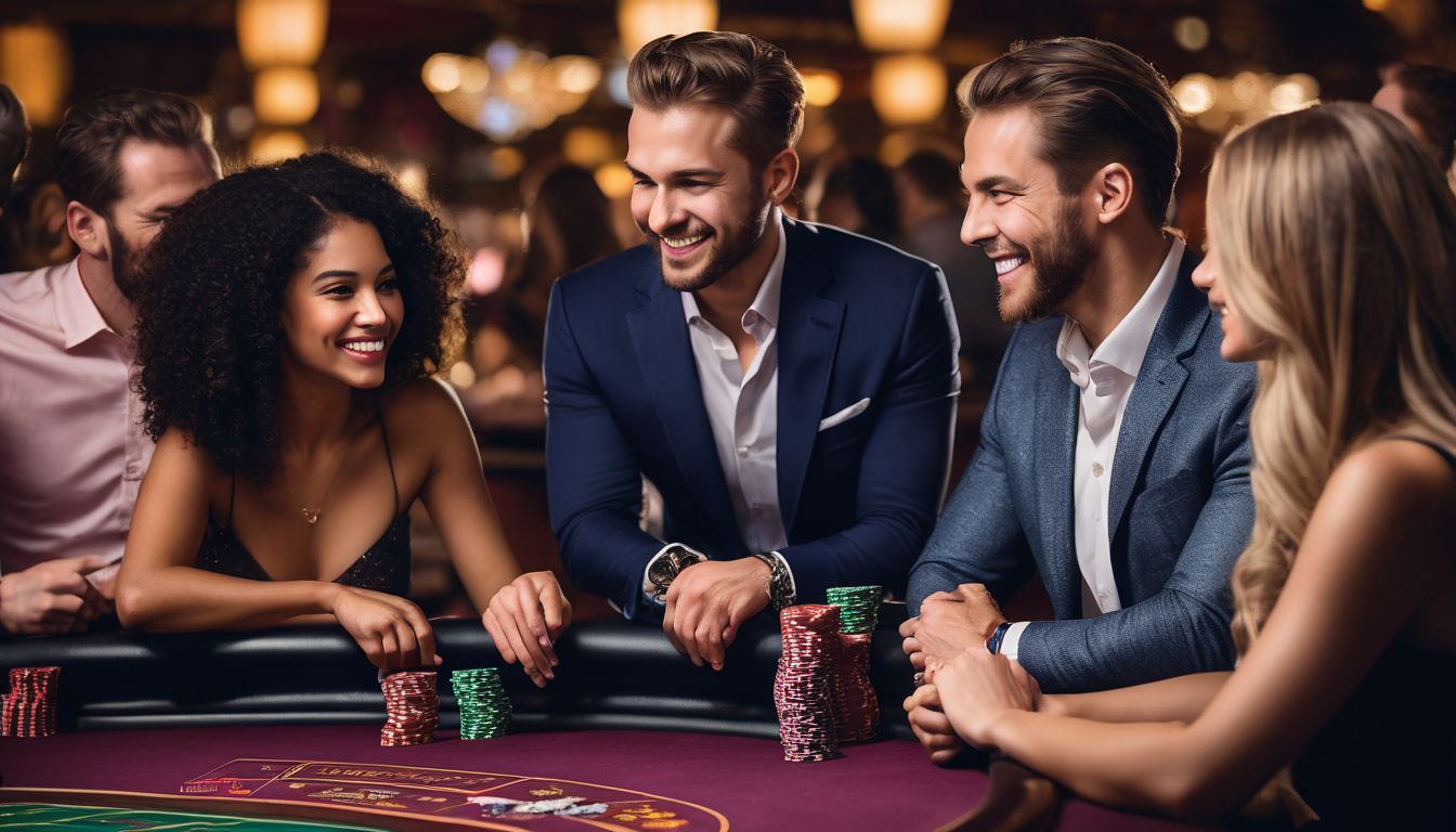 En mångfaldig grupp människor njuter av spel på ett svenskt licenserat casino.