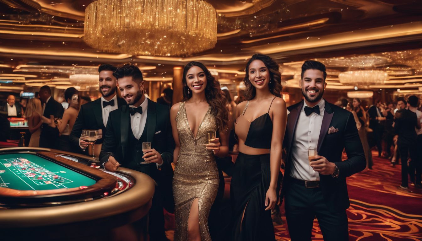 En grupp vänner firar i ett lyxigt kasino med livliga ljus och atmosfär.