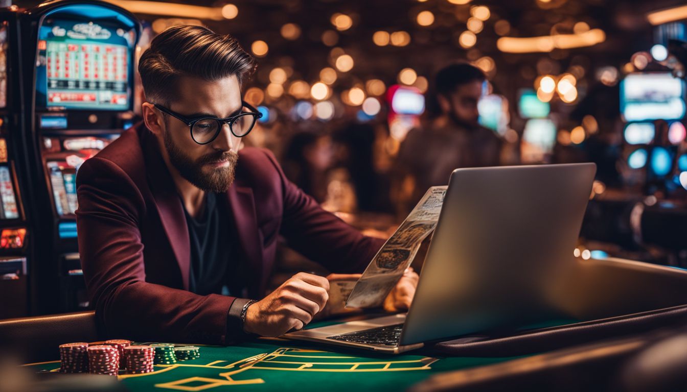 En person forskar online kasinon med en laptop och förstoringsglas.