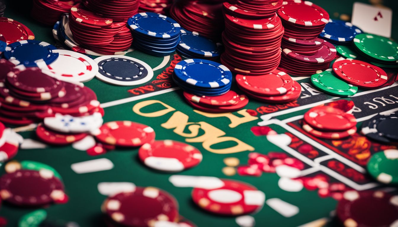 En närbild av en hög med färgglada spelmarker och spelkort på ett kasino.