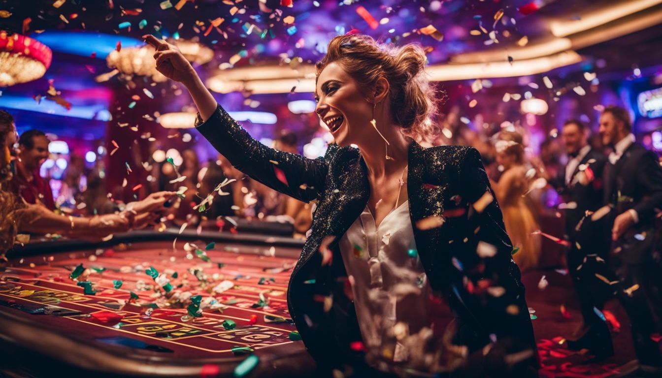 En person firar med konfetti och en jackpotsymbol på ett kasino.