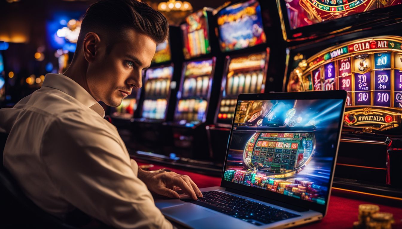En expert på kasinorecensioner analyserar olika onlinekasinomärken på sin datorskärm.