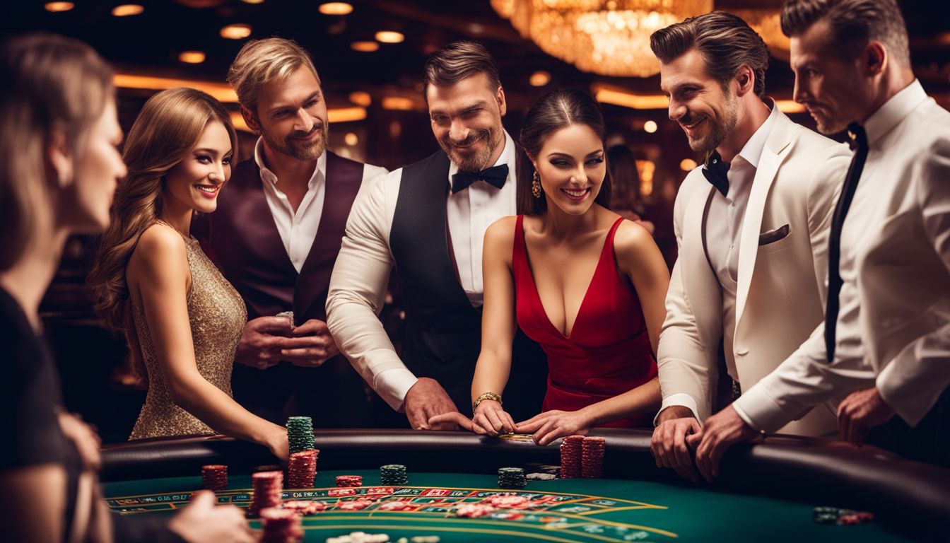 En grupp människor spelar ett kasinospel omgivna av bord och dealers.