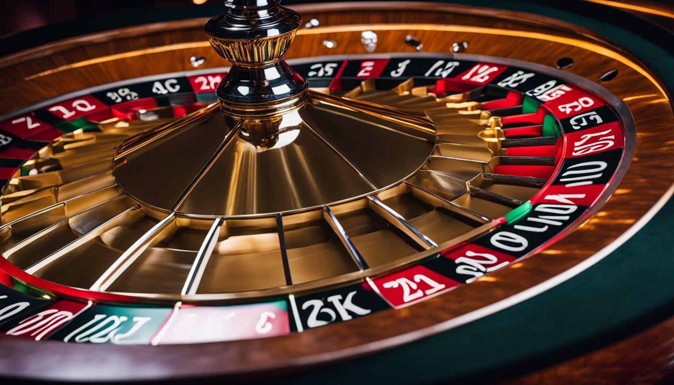 Ett lyxigt roulettehjul i en upplyst casinomiljö med olika människor.