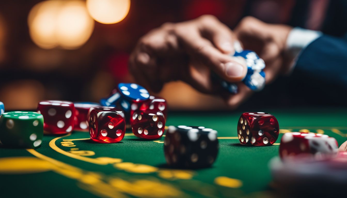 En närbild av en person som håller i en tärning, med en suddig casino och spelmarker i bakgrunden.