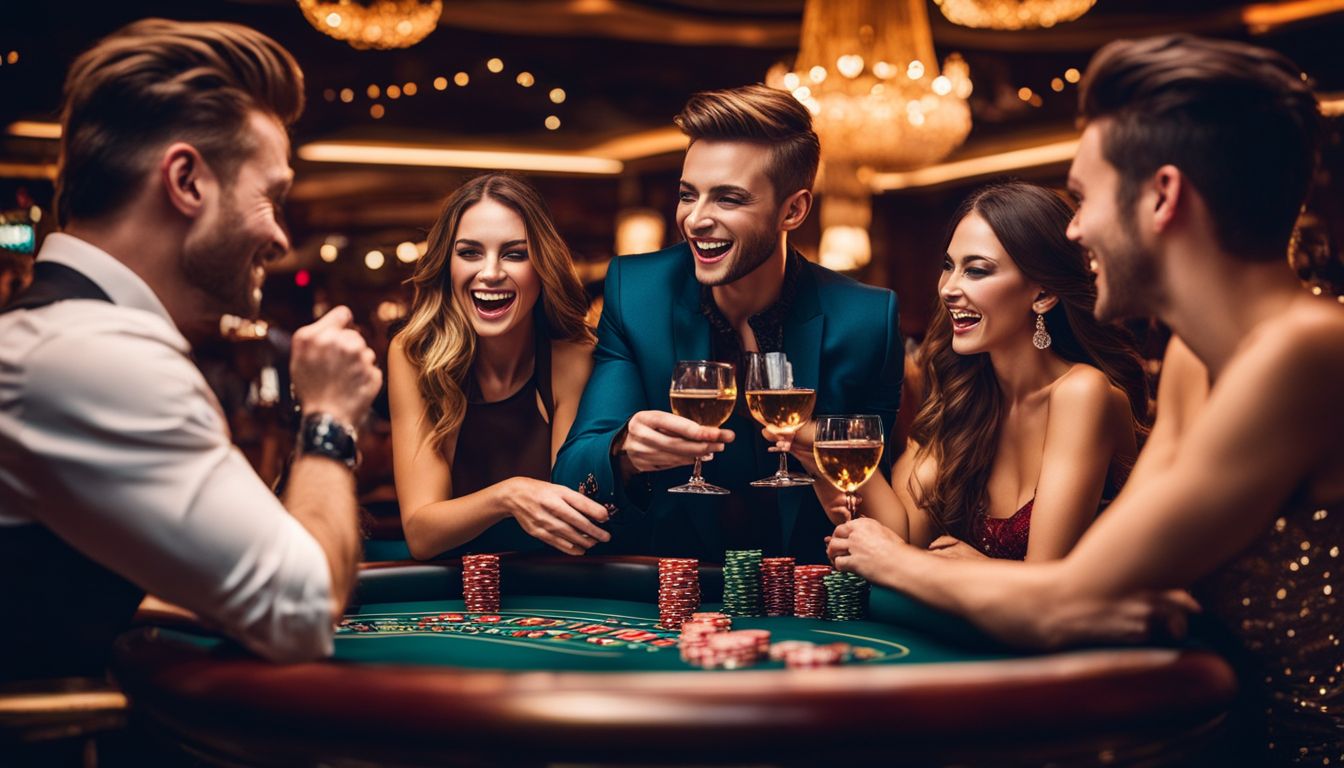 Ett gäng vänner firar och jublar vid ett casinobord.