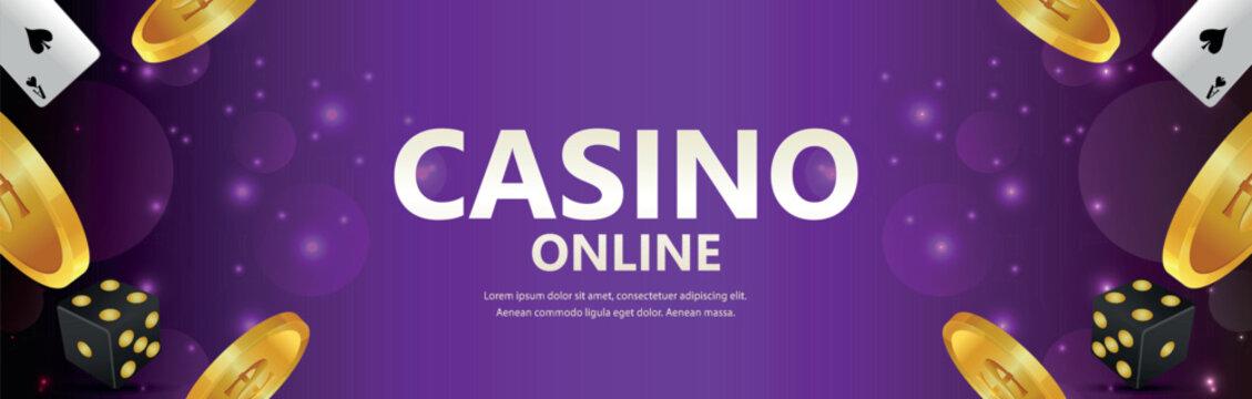 Realistic casino gambling game with gold coin, chips, and playing cards - casino online banner templ