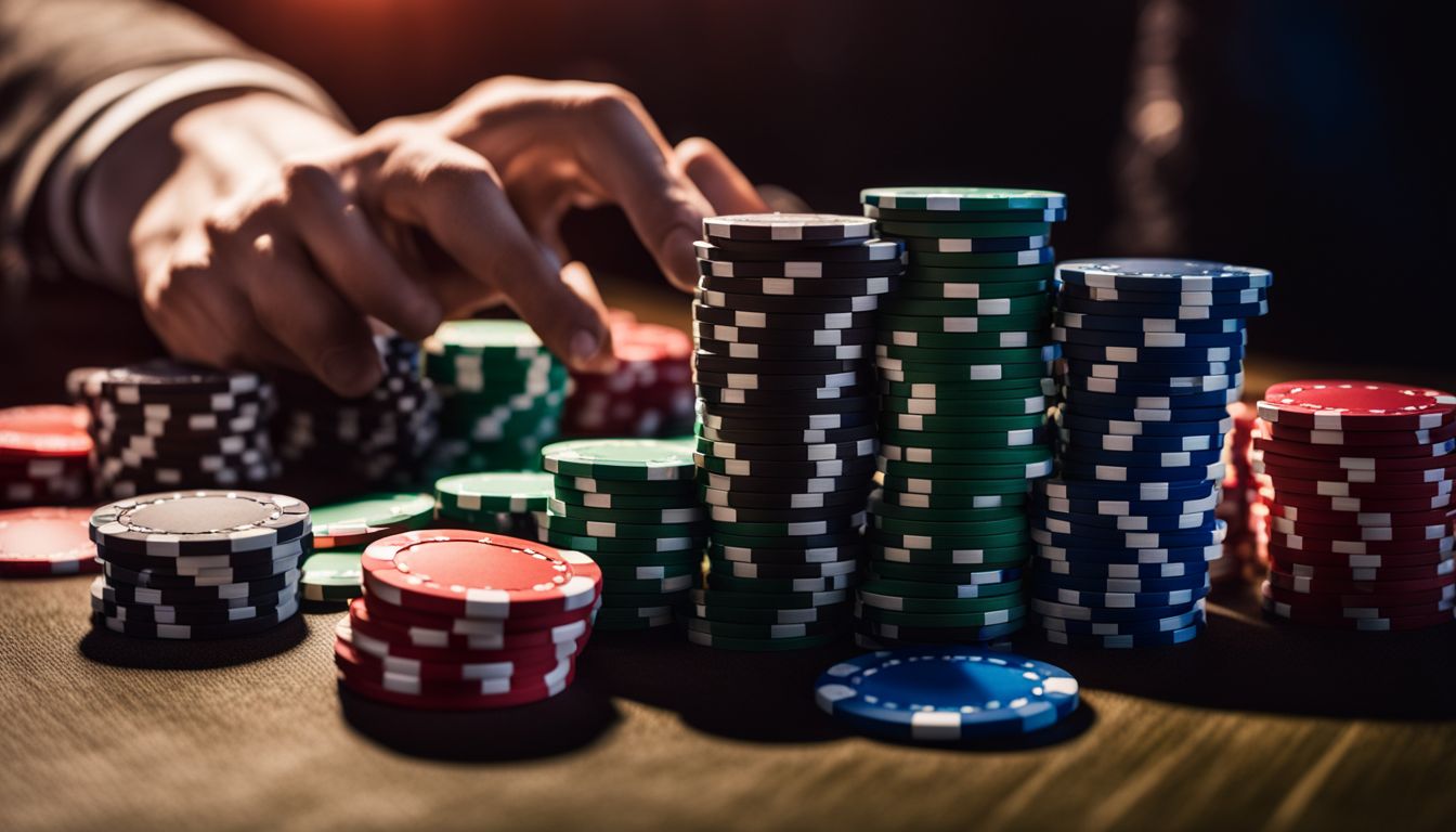 Pokerchips och spelkort på ett kasinobord.
