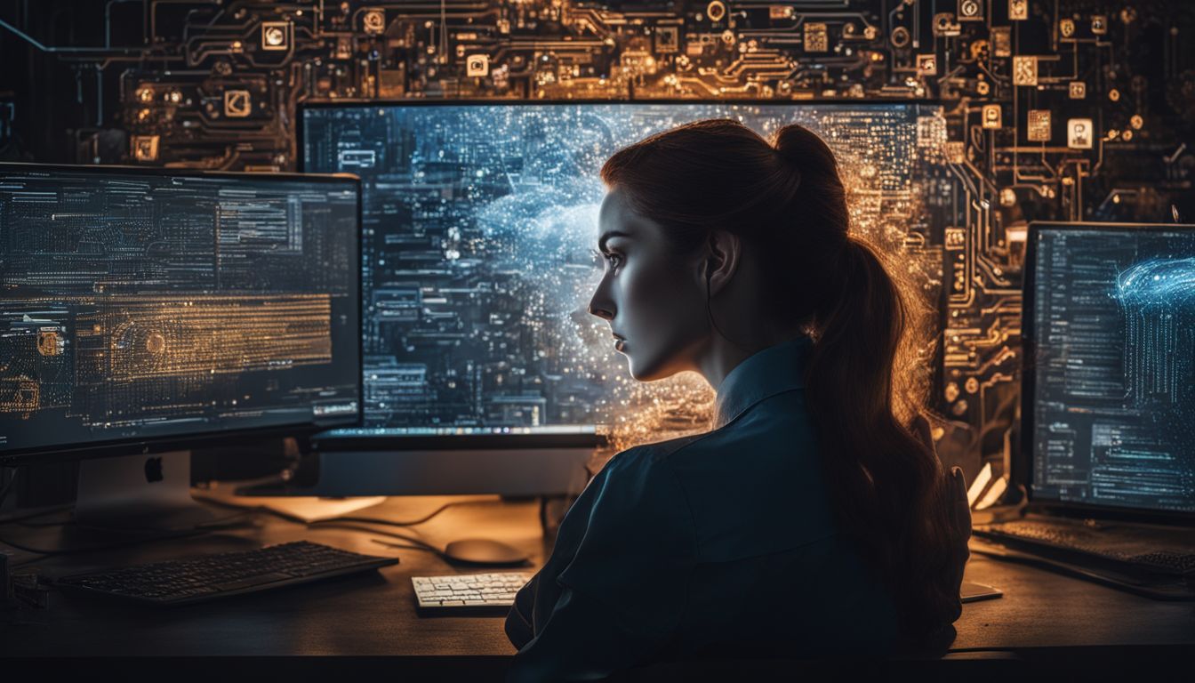 En person tittar oroligt på en dator omgiven av cybersäkerhetssymboler.