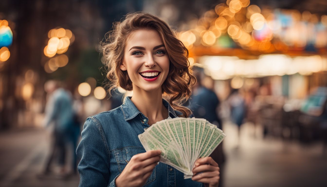 En person med ett vinnande lotteri på en biljett och lyckligt ansiktsuttryck.