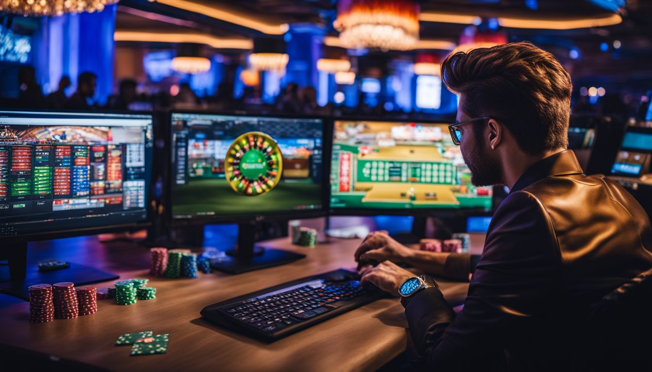 En person spelar vid en dator omgiven av casinomarker och kort.