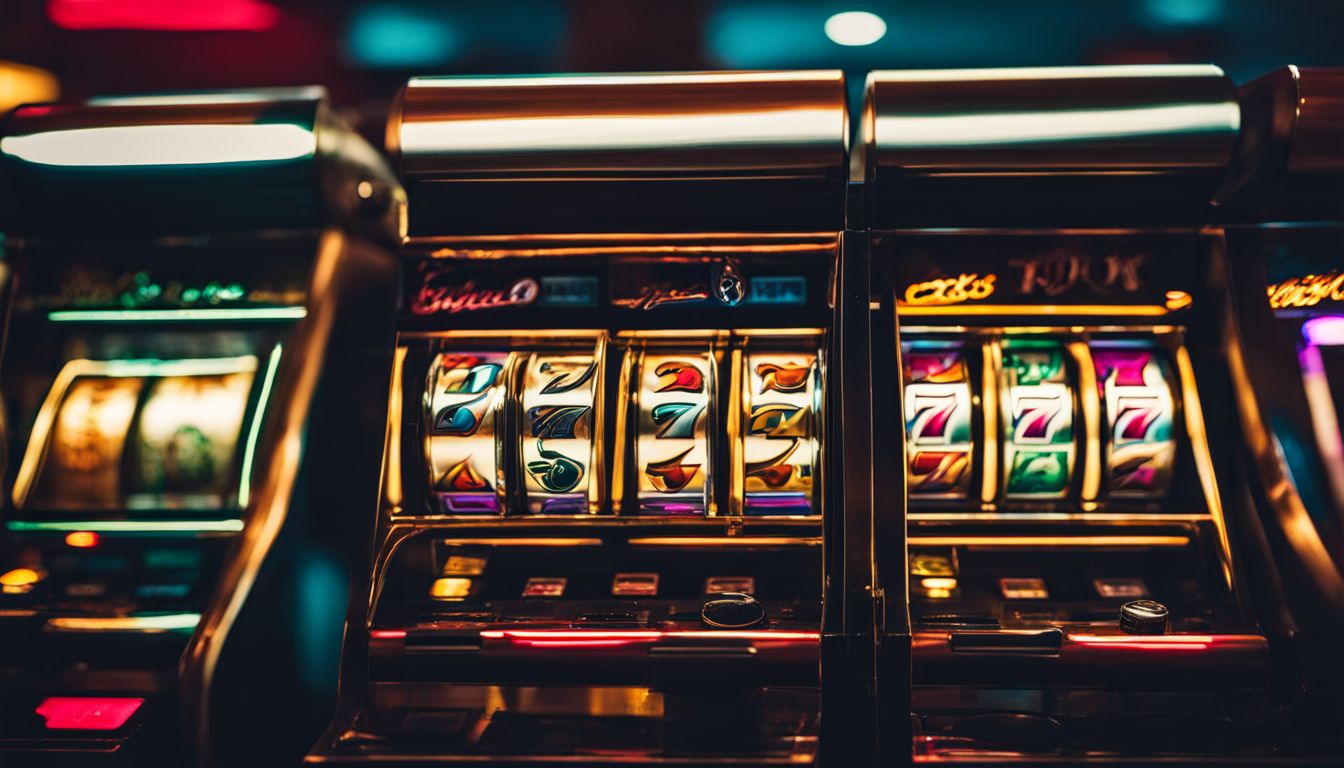 En närbild av en spelautomat i en livlig casinomiljö.