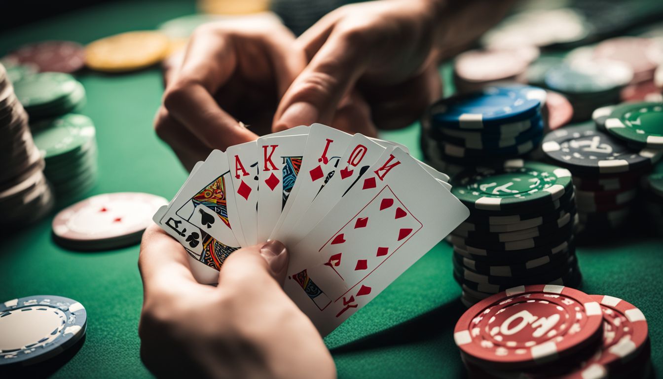 En hand håller ett kort med orden Spelansvar omgiven av pokermarker och spelkort.