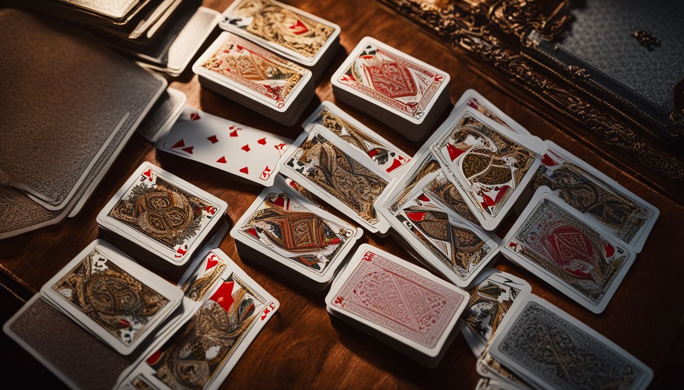 [Swedish]: Ett stillbildfoto av en lek kort på ett bord.