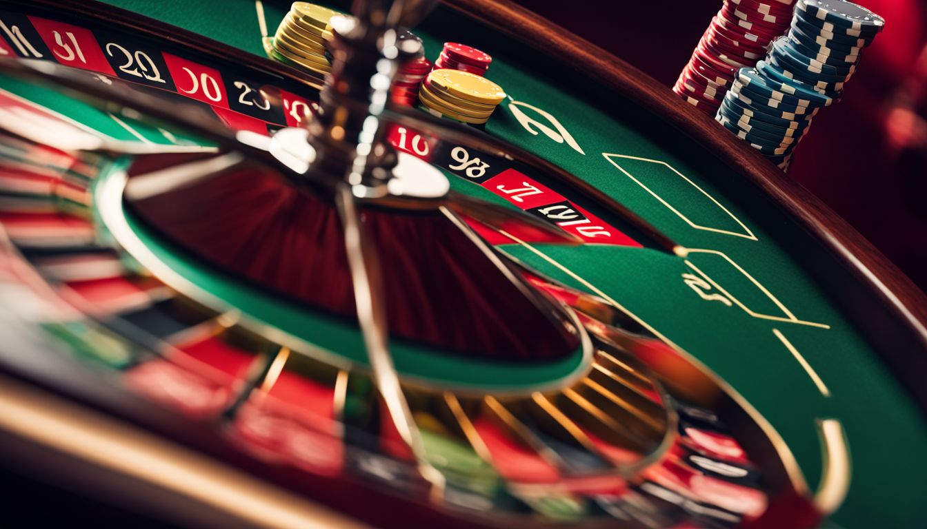 En närbild på en roulettehjul med spelmarker och spelkort.