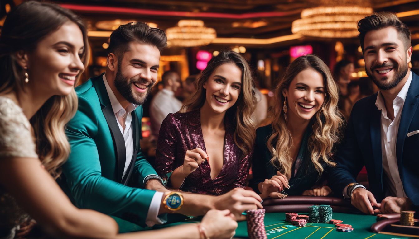 En grupp människor firar med casinospelmarker i en livlig casinomiljö.