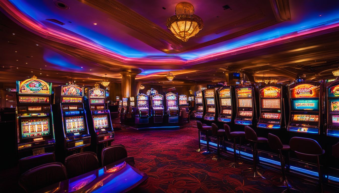 En tom spelautomat med Spelpaus logotyp i en mörklagd kasino.