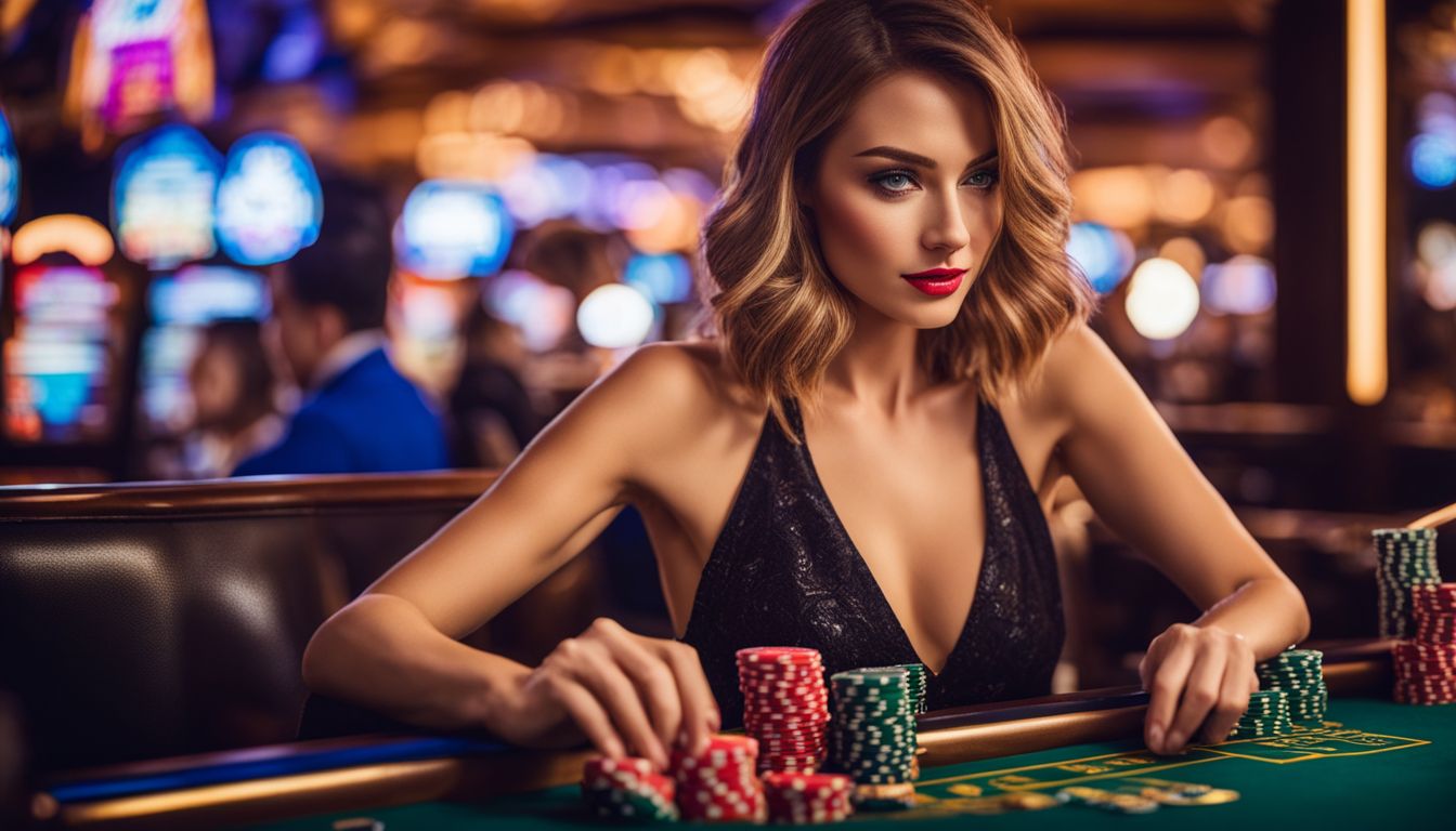 En stilfull kvinna spelar på ett kasinobord omgiven av högkvalitativa spel.