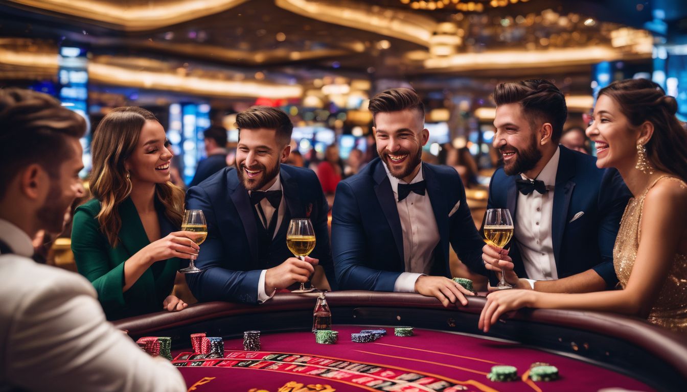 En grupp vänner firar på ett lyxigt och livligt kasino.