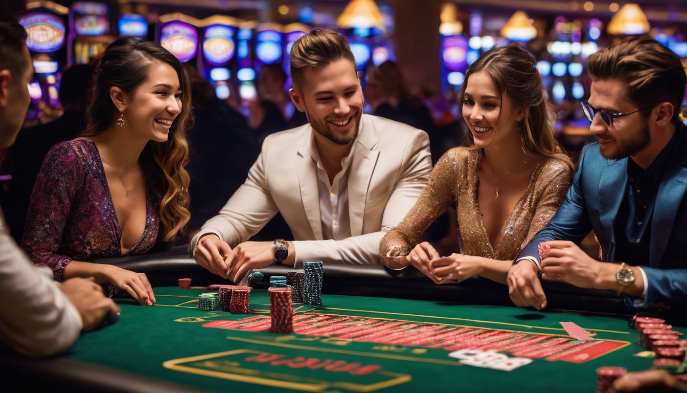En grupp vänner njuter av en spelkväll på ett livligt internationellt kasino.