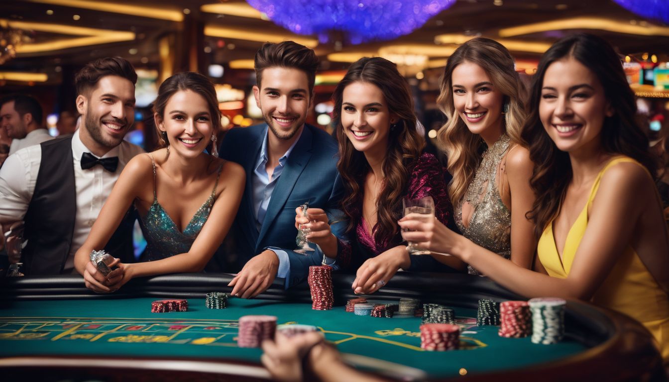 En grupp vänner firar på en livlig, icke-licensierad kasino.